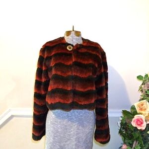 Tasha Polizzi Red & Black Striped Chinchilla Style Faux Fur Cropped Jacket